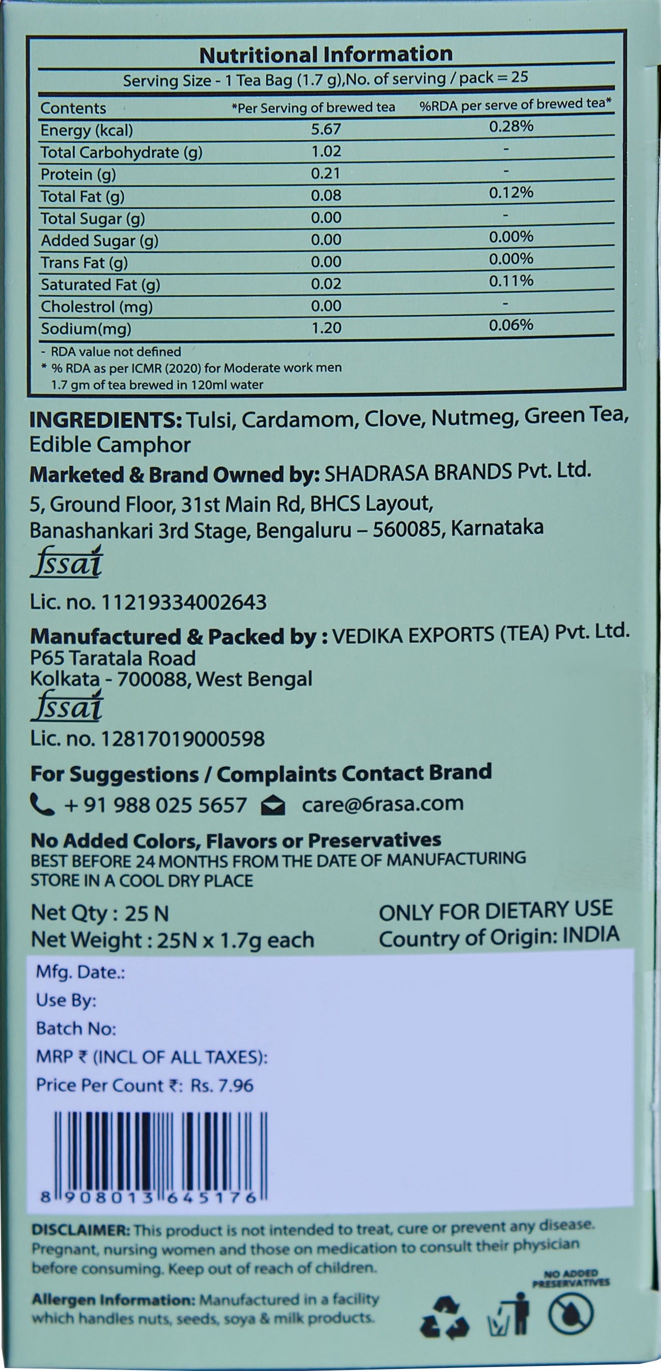 6rasa Tulsi Thrive Green Tea Bags (1.7 g Each, 25 Tea Bags)