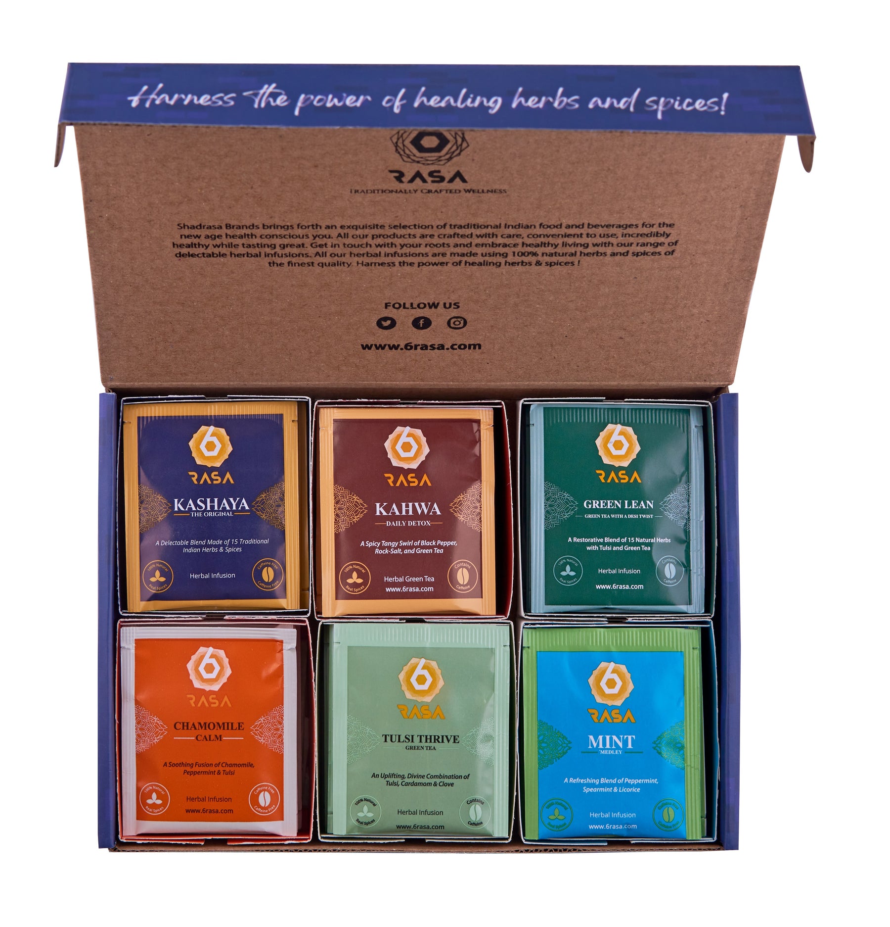 6rasa Assorted Herbal Tea & Green Tea Selection Box (6 Flavors, 30 Tea Bags Gift Set)